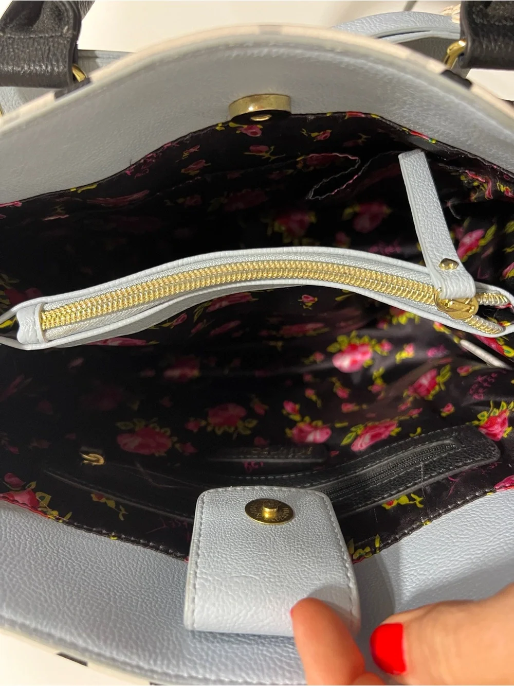 Betsey Johnson White Polka Dot Satchel with Light Blue Bow